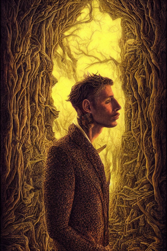 Illustration of man in patterned jacket in forest with tree branches archway