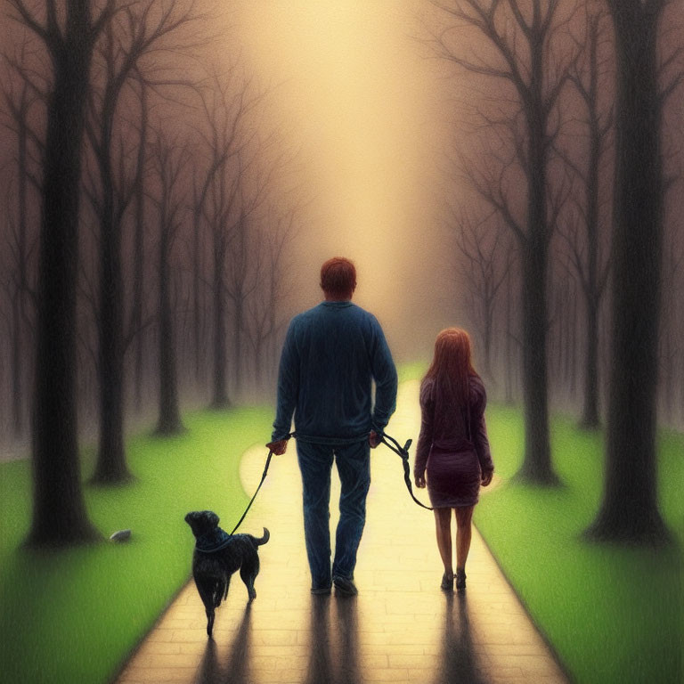 Couple walking dog on tree-lined path in warm light