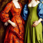 Two Women in Renaissance Gowns, Red and Green, Against Blue Background