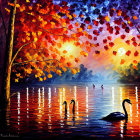 Serene sunset lake scene with three swans and autumn trees