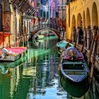 Colorful Venetian Scene with Gondola and Whimsical Buildings