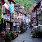 Charming European Street Scene with Cafes and Shops