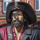 Person in pirate costume with black hat, eye patch, and beard posing confidently