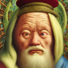 Elderly man with striking eyes in red cap and green hood amidst colorful surreal patterns