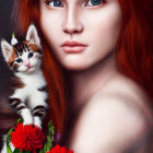 Woman with Long Red Hair Holding Kitten and Red Roses