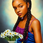 Portrait of woman with braided hair holding vase of daisies and purple flowers on gradient background
