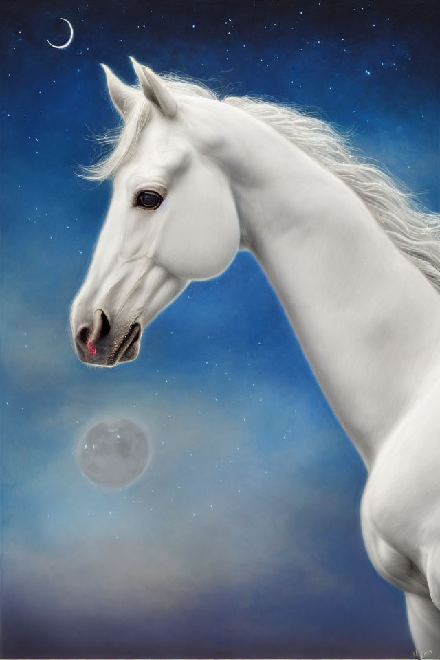 White horse with flowing mane under crescent moon and translucent globe