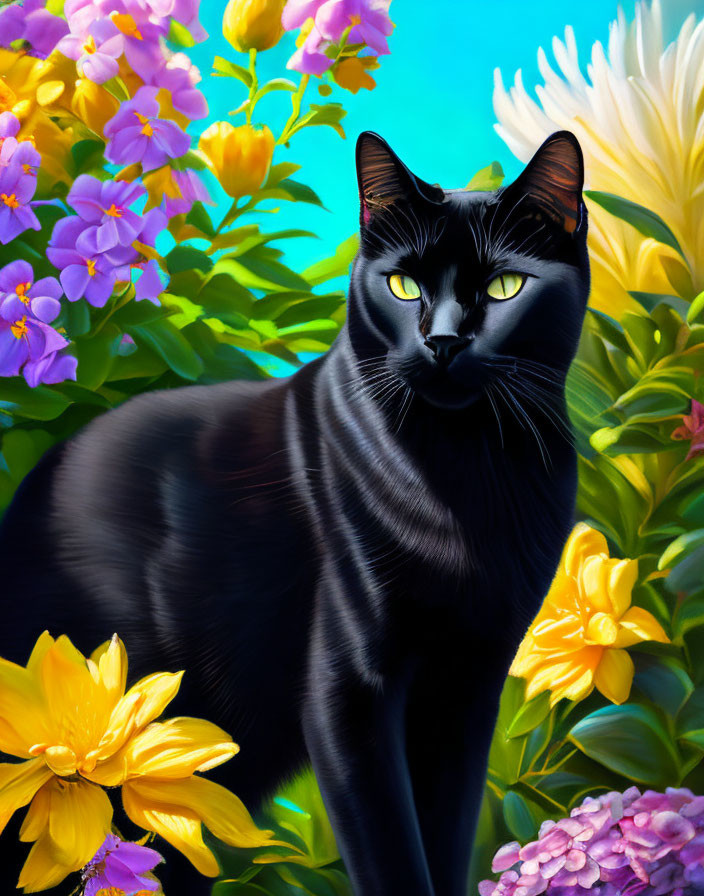 Black Cat with Yellow Eyes Surrounded by Vibrant Flowers on Blue Background