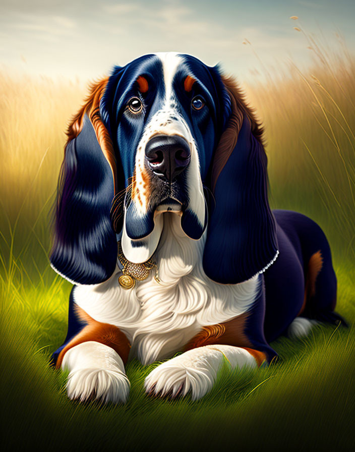 Basset Hound illustration: dark eyes, long ears, in golden grass
