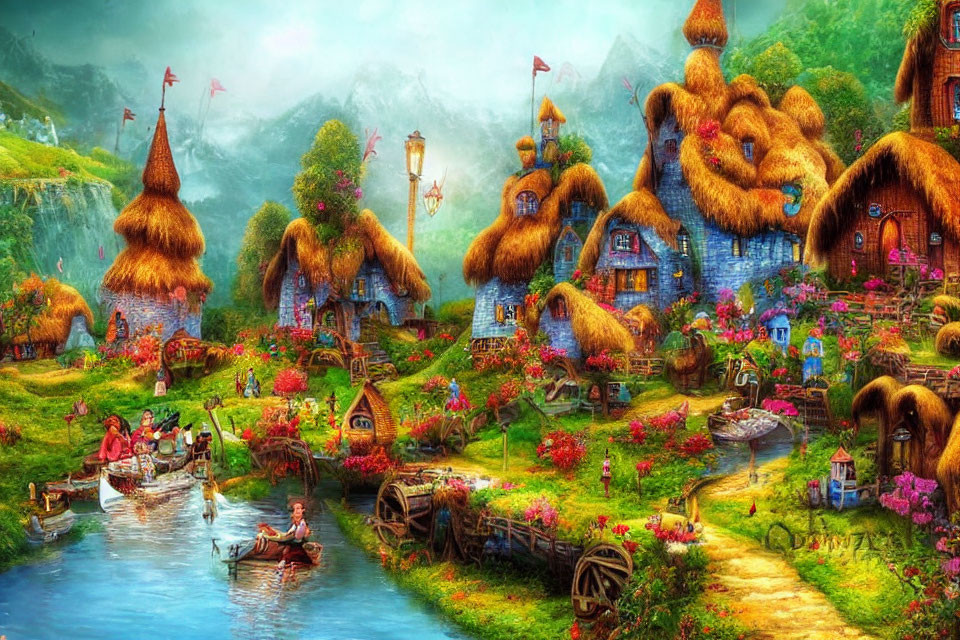 Picturesque fantasy village with thatched-roof cottages, vibrant flowers, river, and mountains.