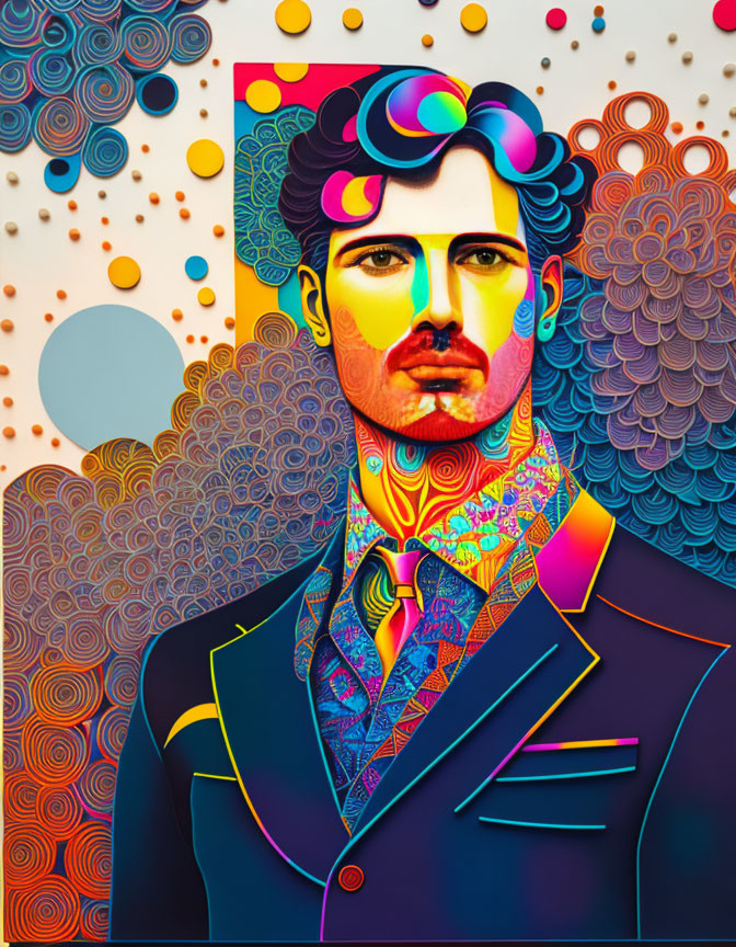 Colorful geometric portrait of a man in a suit with abstract patterns.