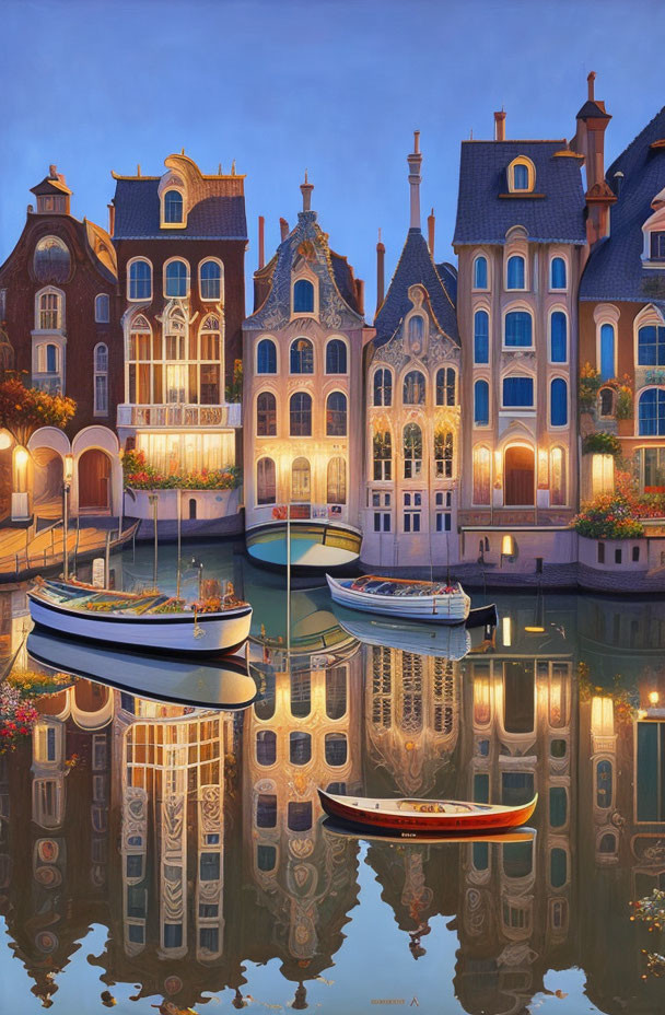 Colorful European-style buildings and boats reflected in calm water
