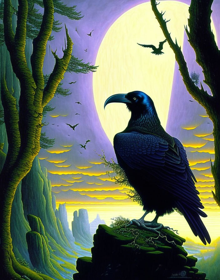 Majestic raven on branch under full moon in twilight landscape