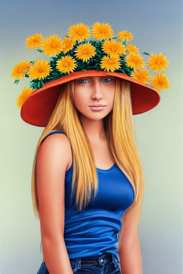 Blonde woman in wide-brim hat with yellow flowers and blue top