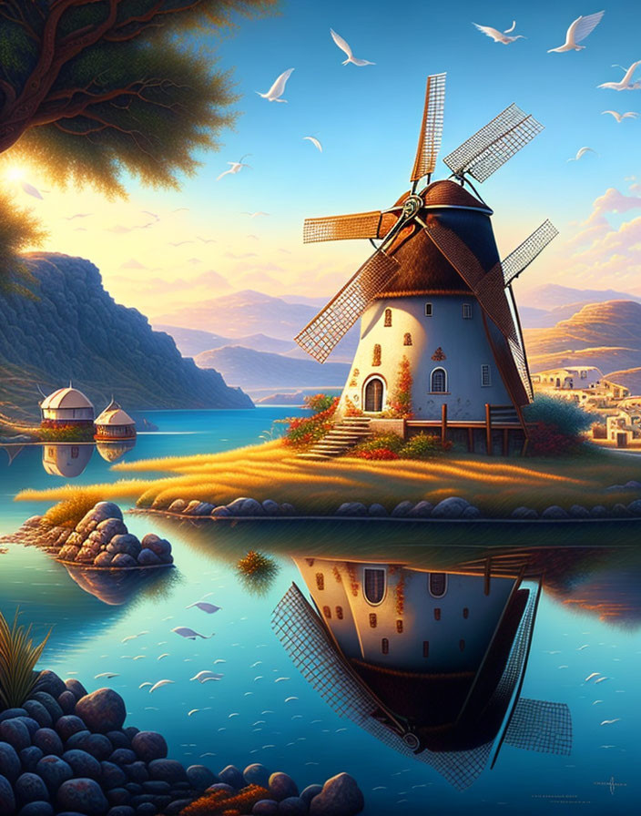 Windmill by Blue Lake: Serene Scene with Lush Greenery