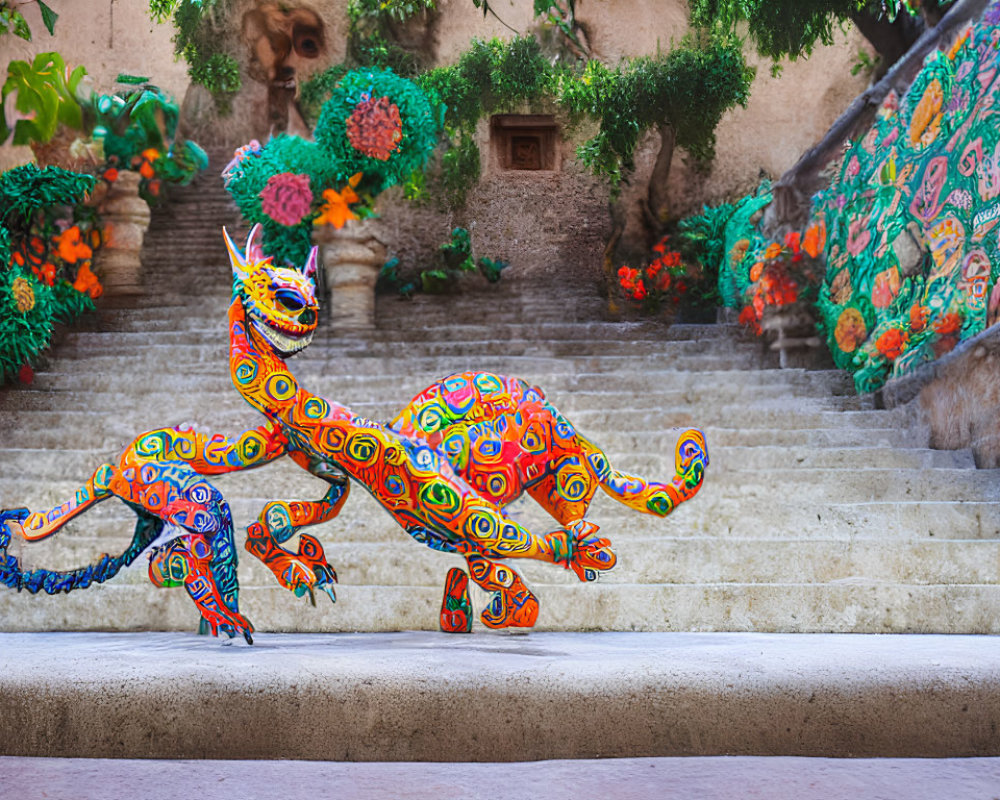 Vibrant alebrije sculpture with intricate patterns on stairway among flowers