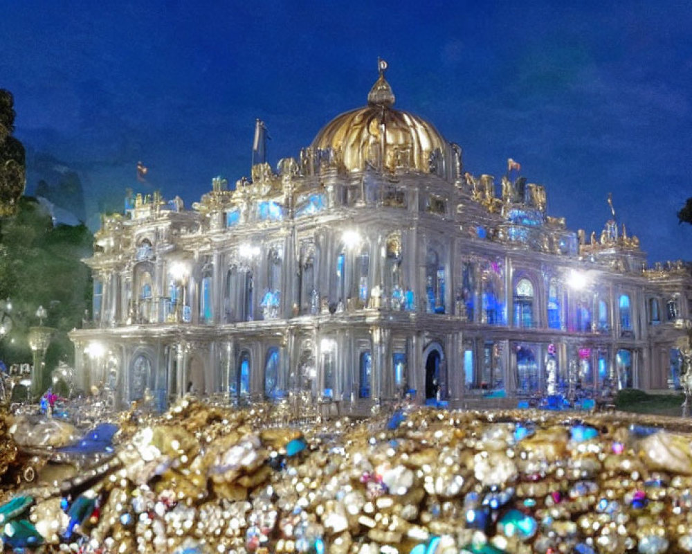 Grand Building with Golden Dome Illuminated at Night Amid Sparkling Jewelry