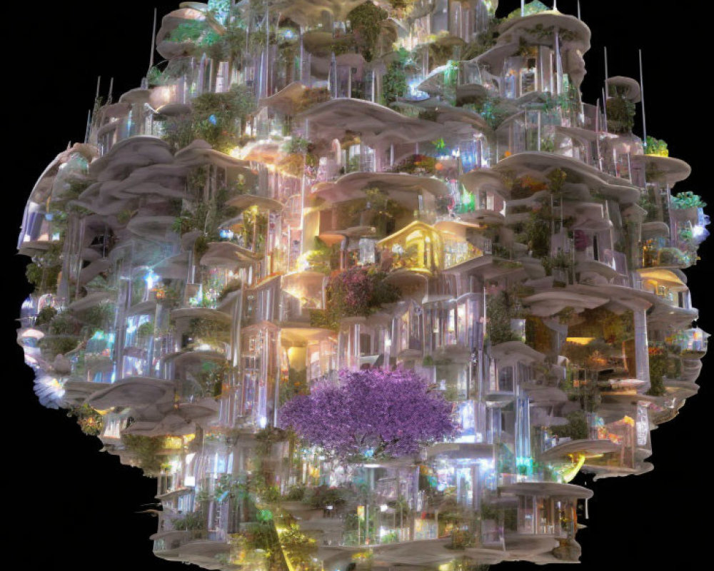 Futuristic spherical city with illuminated buildings and purple tree