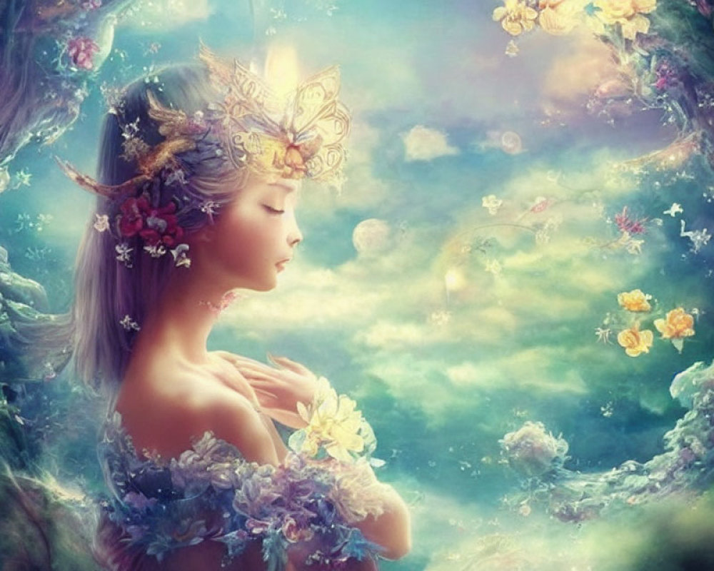 Fantasy artwork of woman with floral crown in magical forest