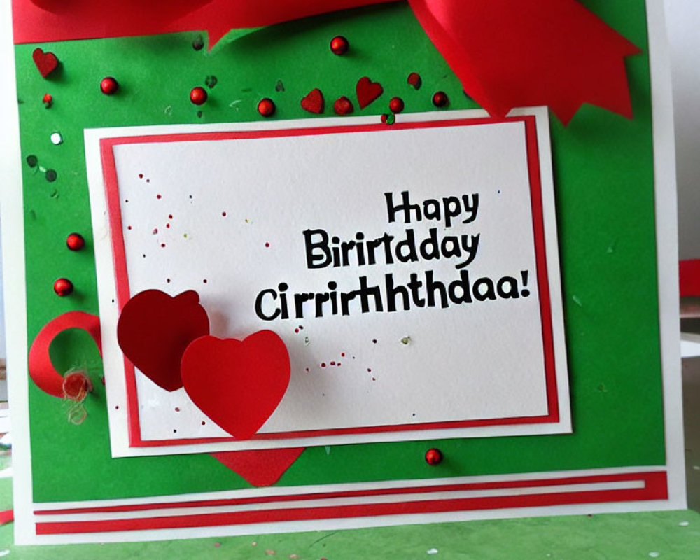 Handmade Birthday Card with Misspelled Greeting & Red Hearts