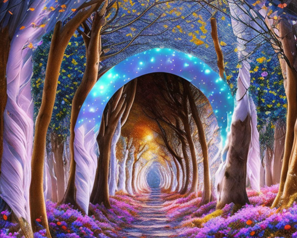 Enchanted forest path with glowing lights, colorful flowers, and mystical tunnel