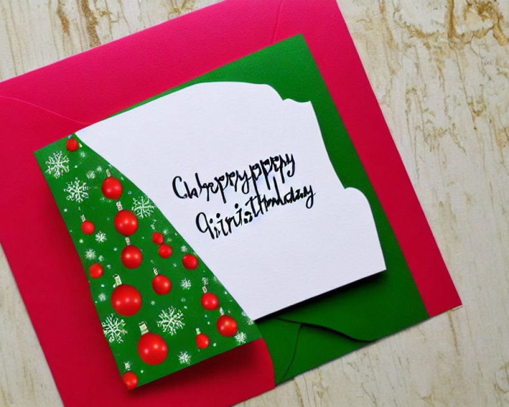 Festive Christmas greeting card in red envelope on wooden surface