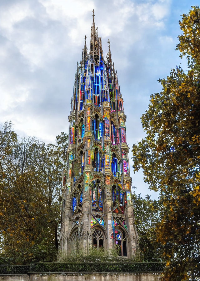 Colorful Stained Glass Tower Surrounded by Autumn Trees