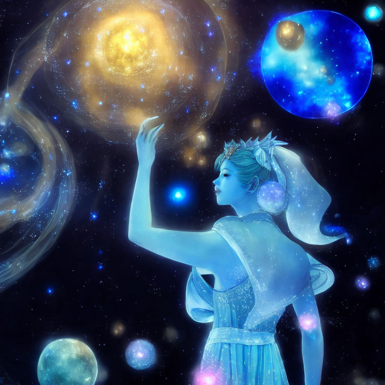 Blue-skinned mystical female figure touches galaxy in cosmic space
