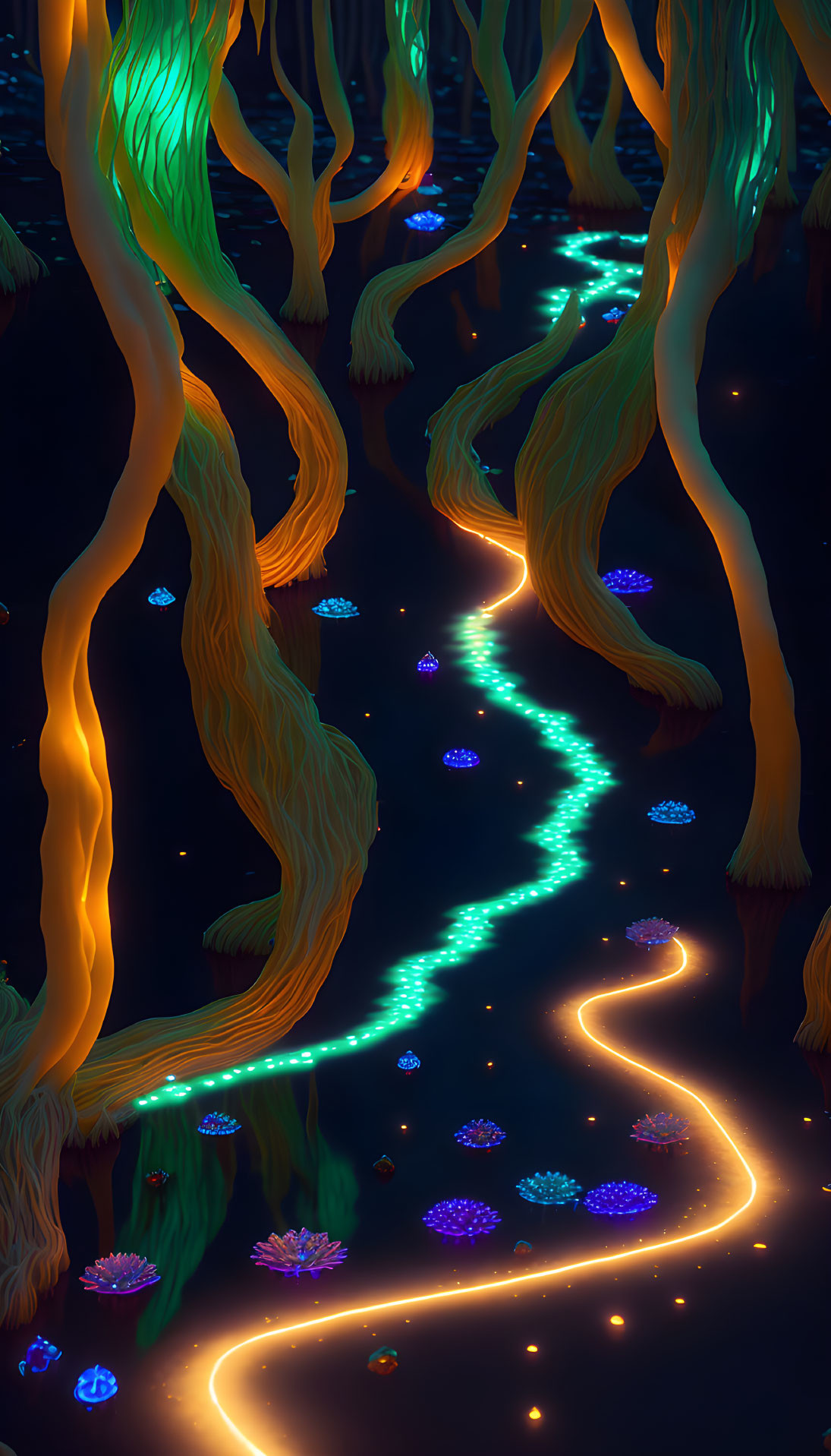 Mystical forest path with glowing neon plants