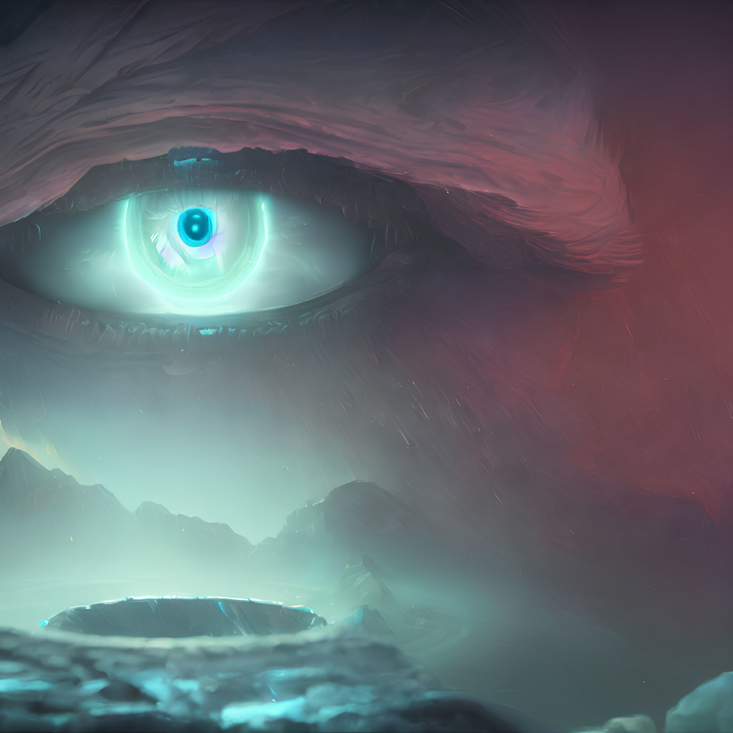 Surreal landscape with giant eye, mountains, and glowing structure
