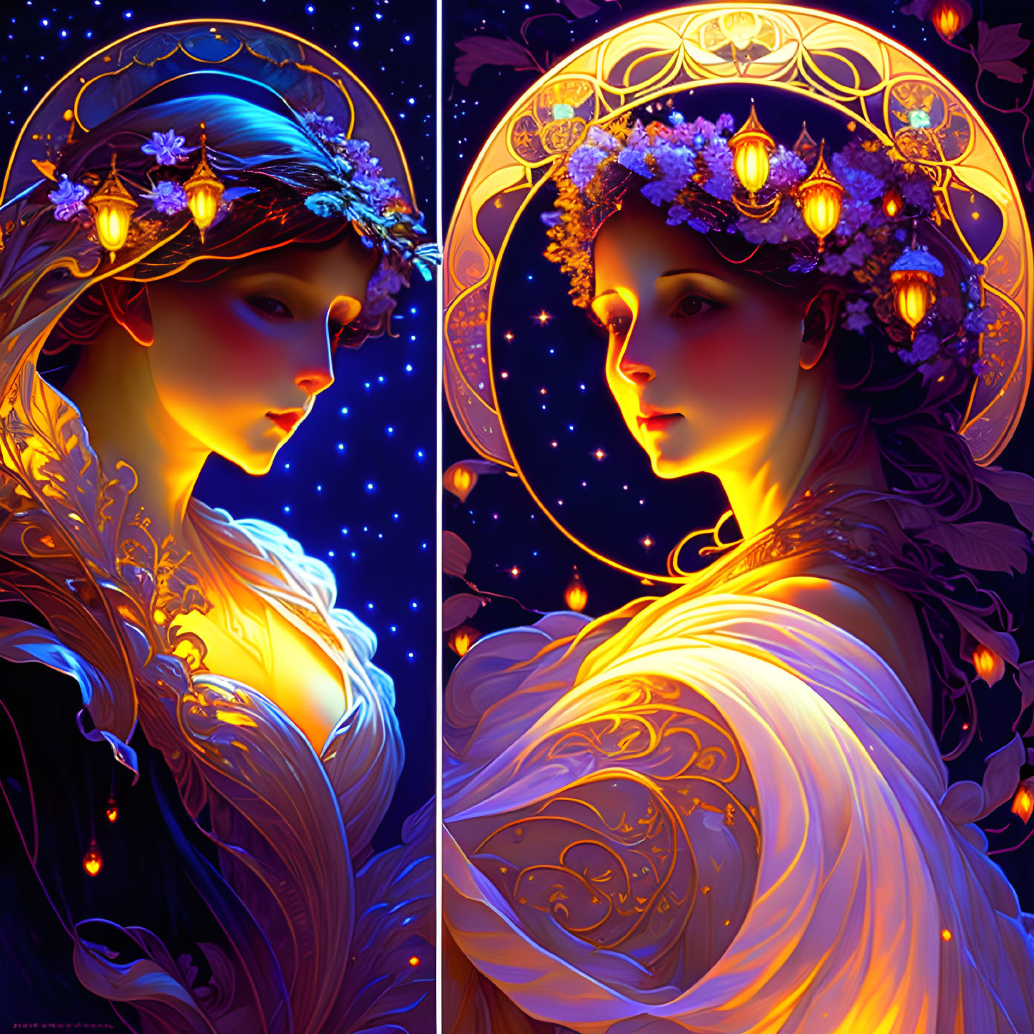 Stylized portraits of women with floral headdresses in blue and orange tones