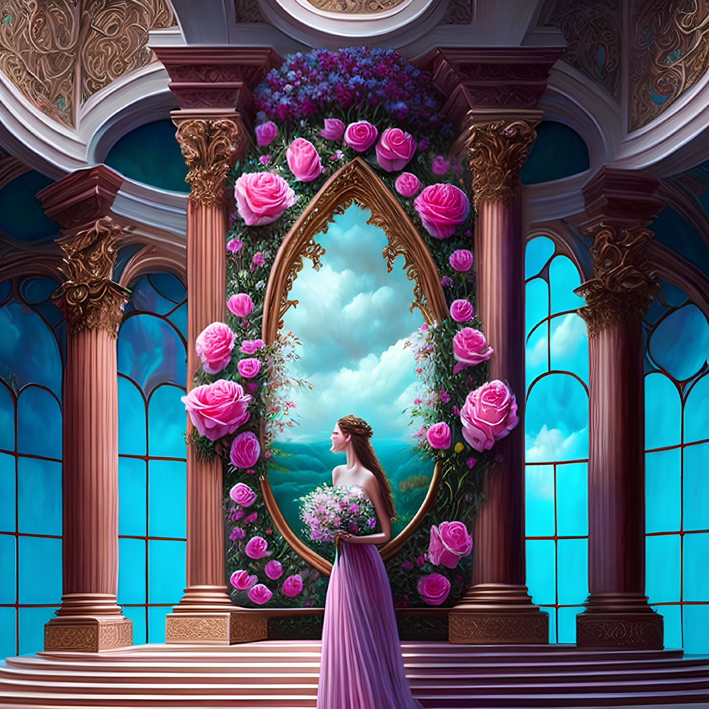 Woman in Purple Gown Reflecting Sky in Oval Mirror in Elegant Hall