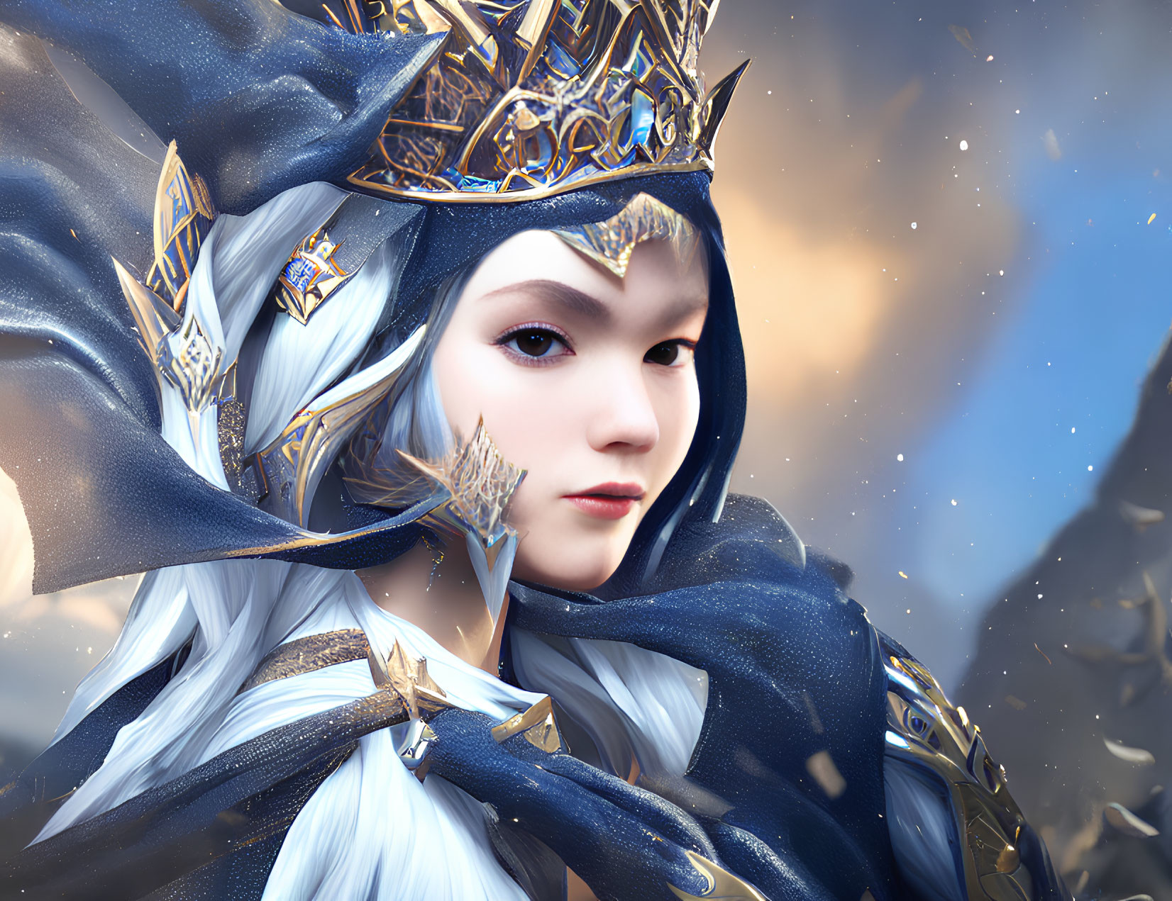 Regal female character with golden crown and blue robes