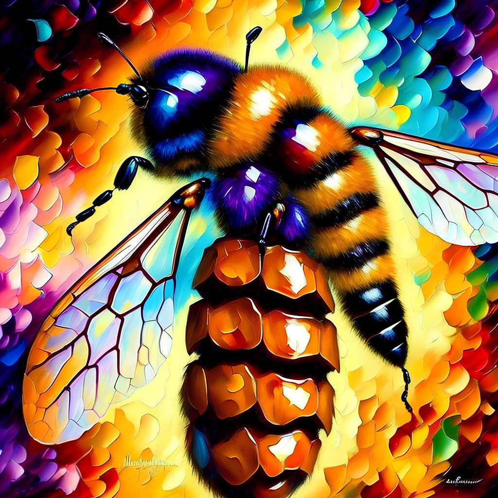 Colorful Stylized Digital Painting of Bee with Mosaic Background