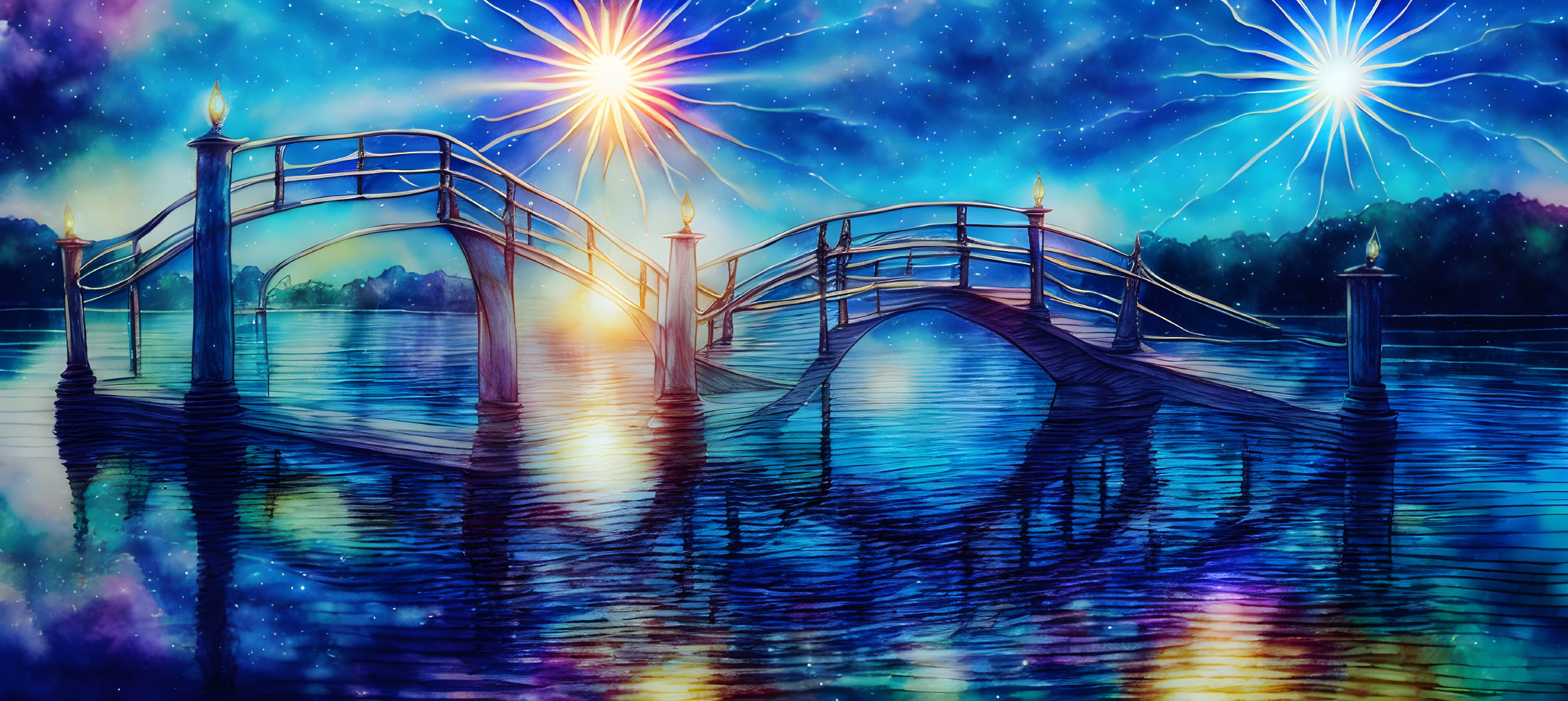 Artistic rendering of wooden bridge over water with star-like lights reflecting at night