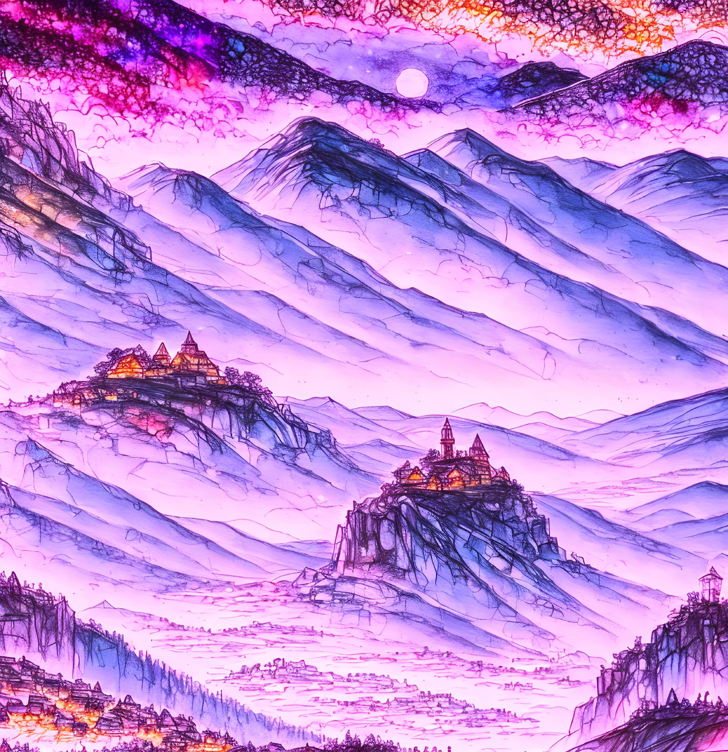Fantasy landscape with purple and pink hues, mountains, castles, starry sky, full moon