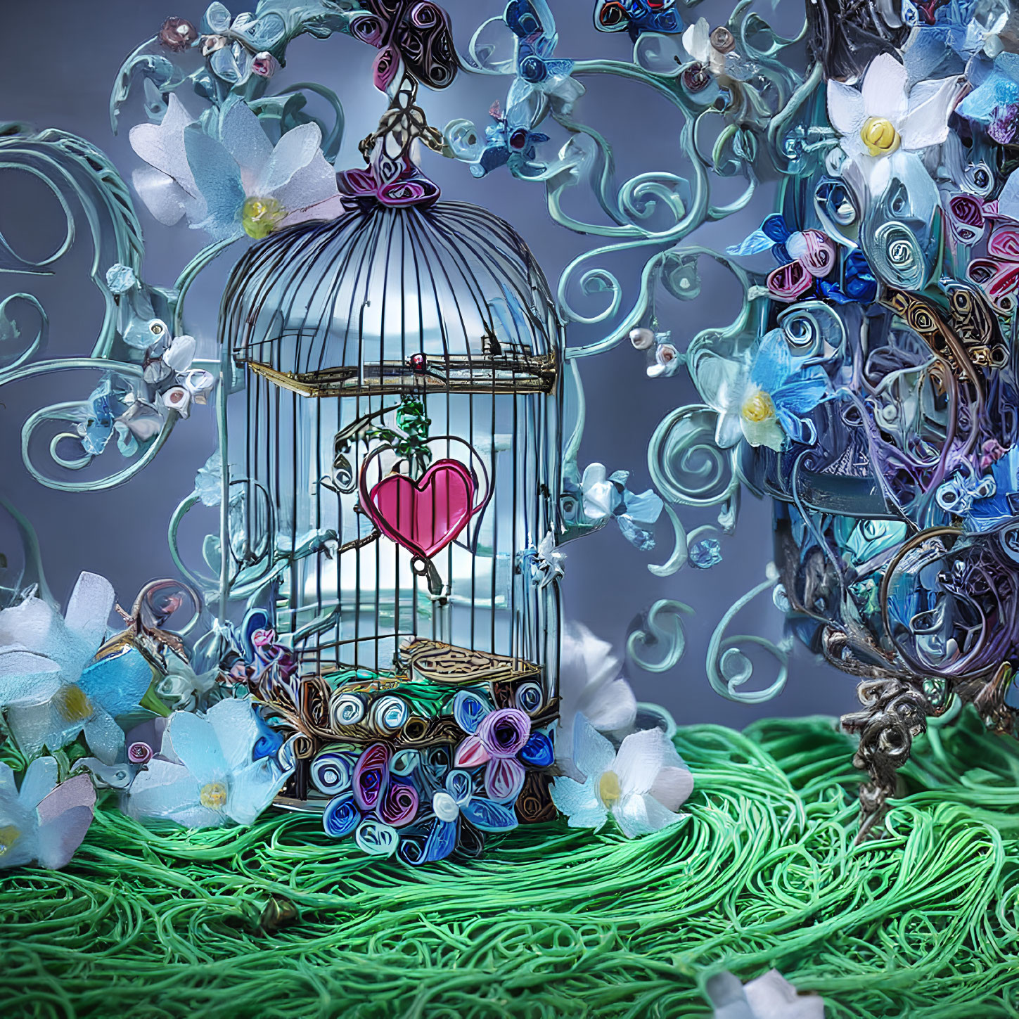 Colorful birdcage with heart, floral quilled paper designs on textured backdrop