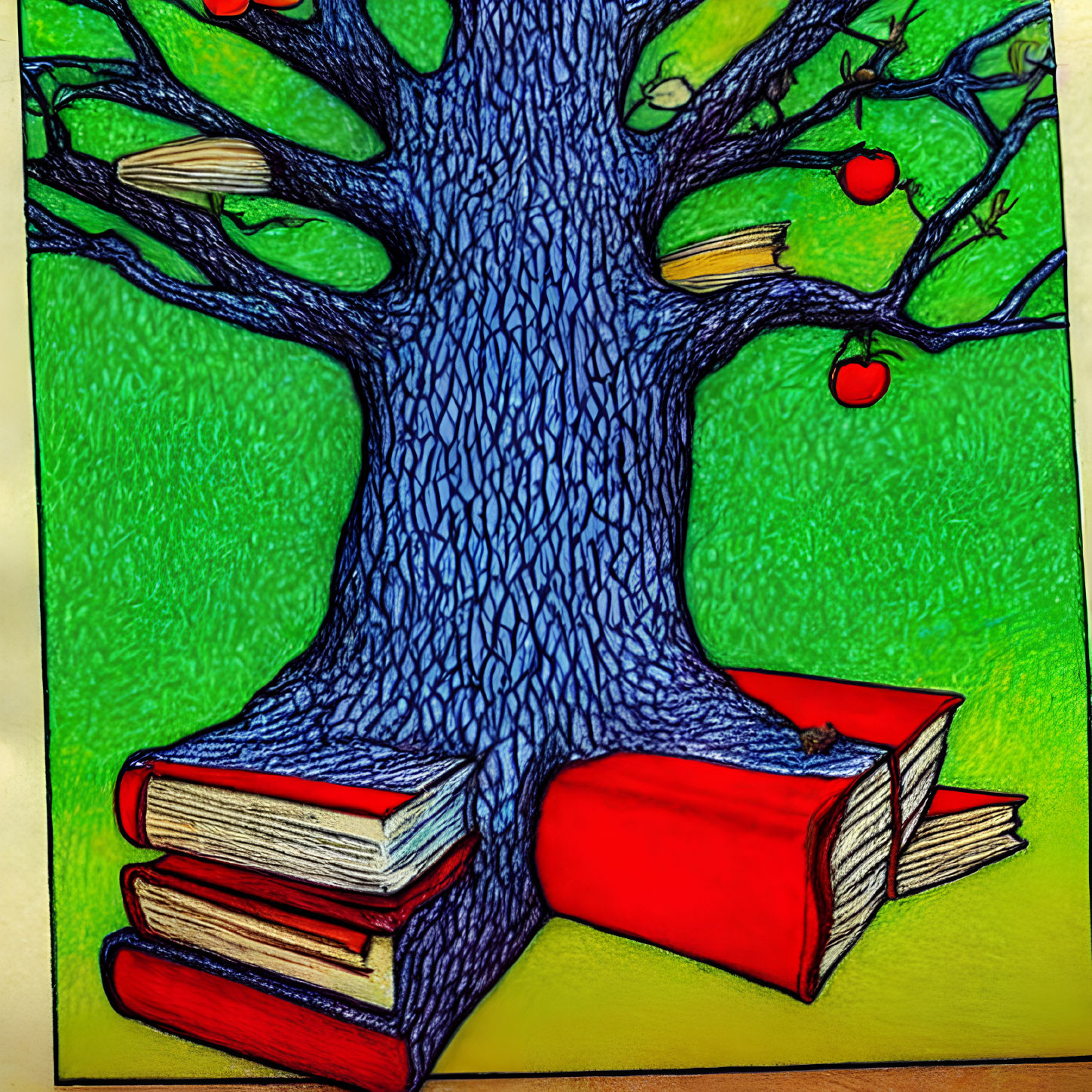 Tree-themed artwork with book spines and red apples on green backdrop