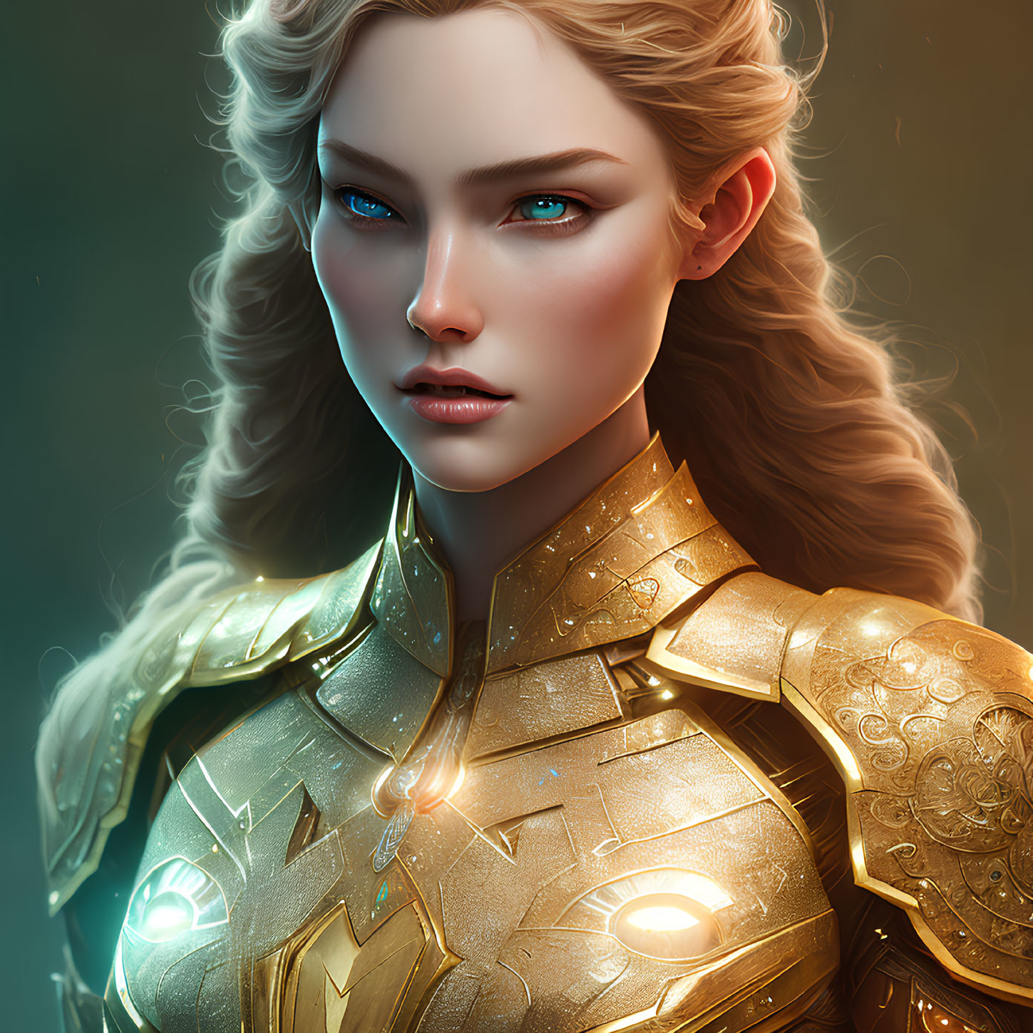 Digital artwork: Woman in golden armor with blue eyes and blonde hair