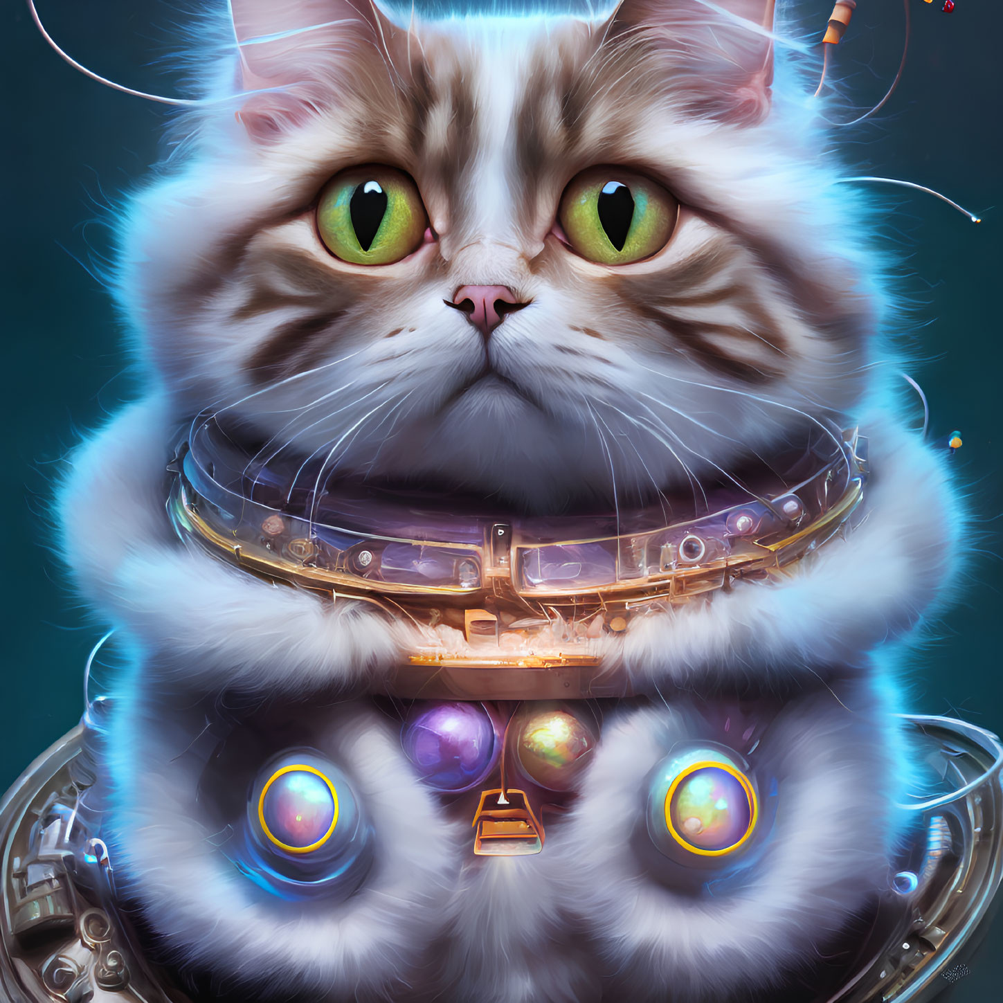 Detailed illustration of fluffy grey and white cat with futuristic glowing collar