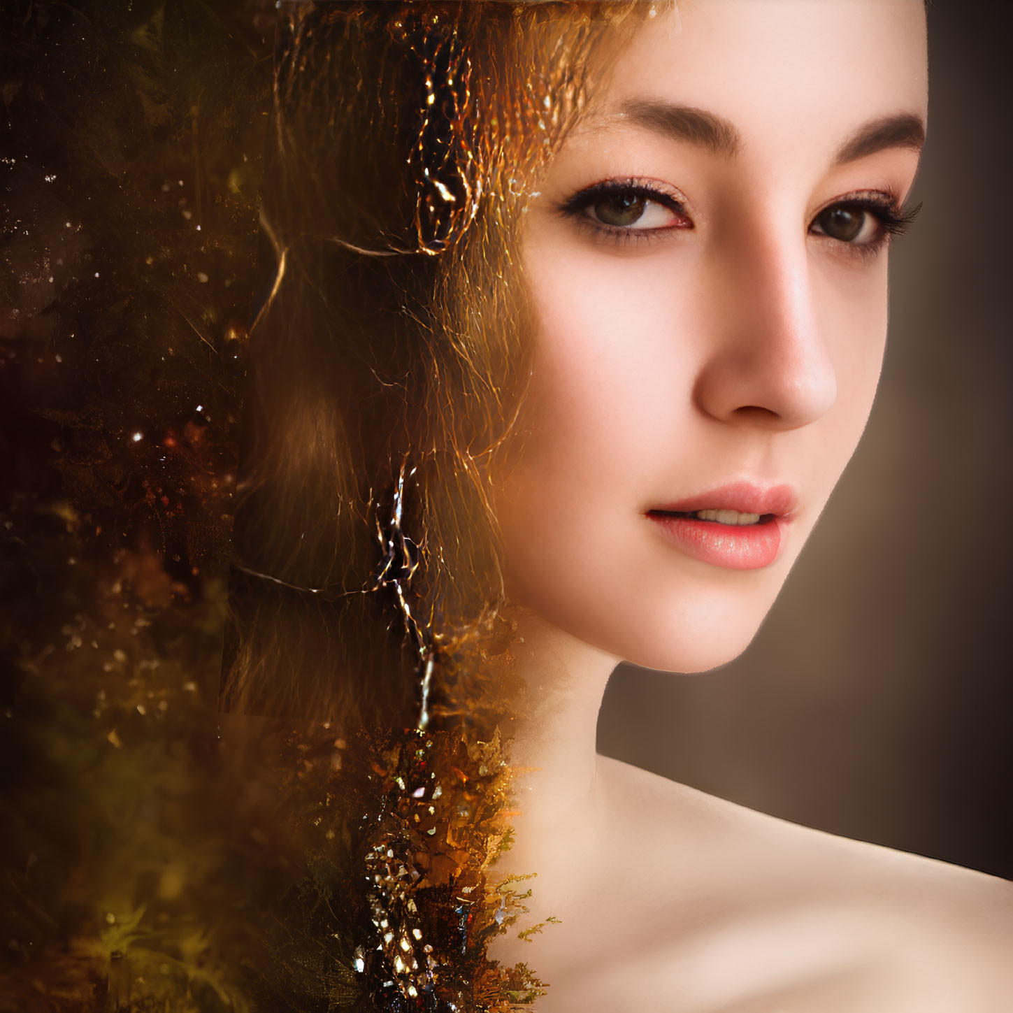 Portrait of Woman with Autumn Leaves Fusion and Elegant Jewelry
