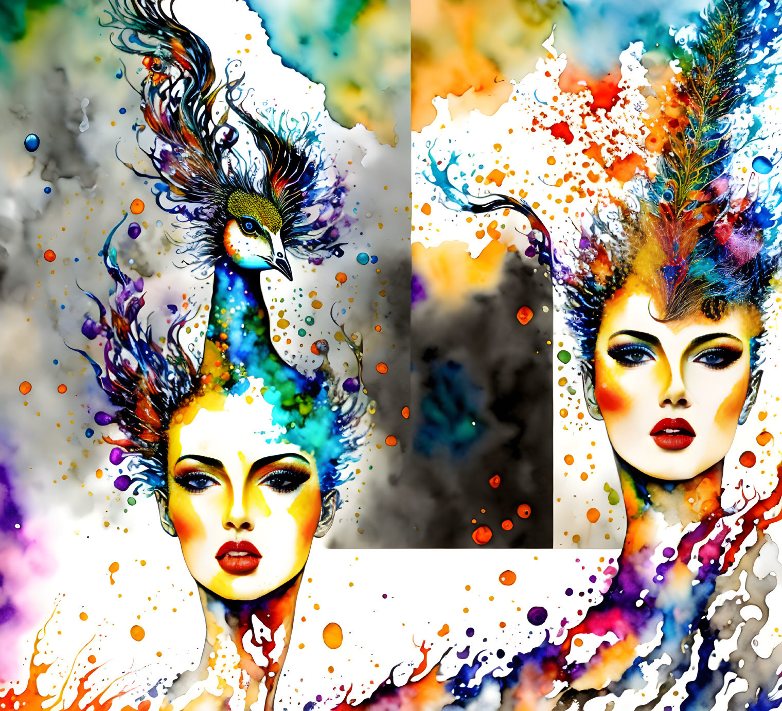 Colorful Watercolor Art: Peacock & Female Figure with Feather Headwear