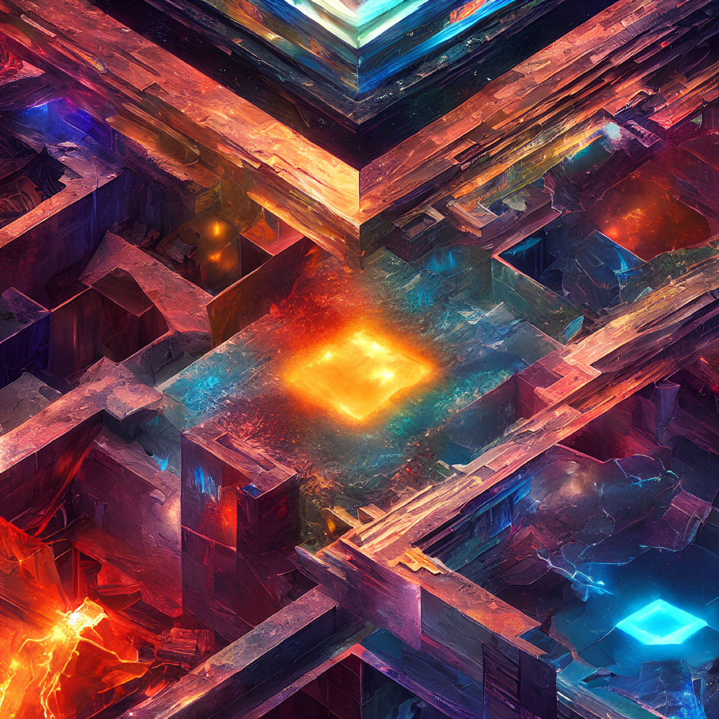 Colorful digital artwork: intricate geometric lattice with fiery core