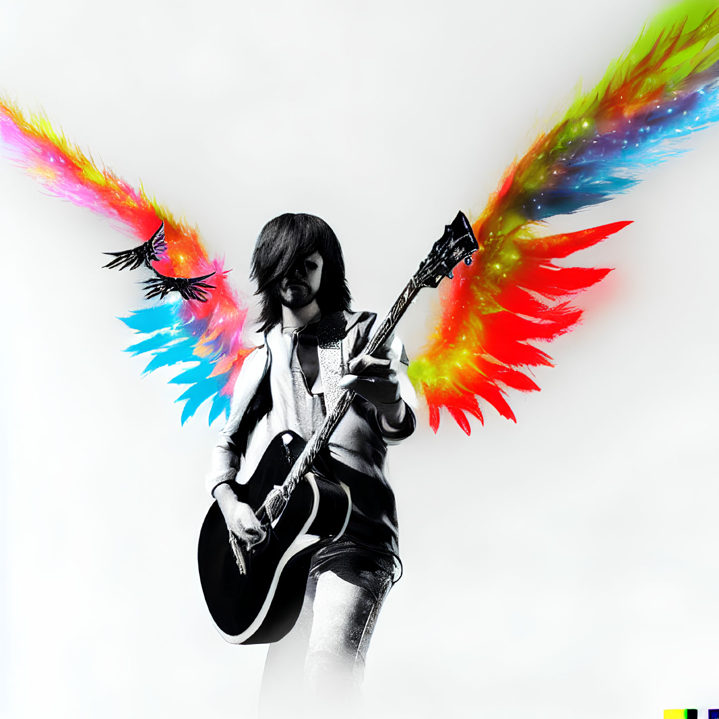 Musician with Guitar Poses with Colorful Wings in Dynamic Image