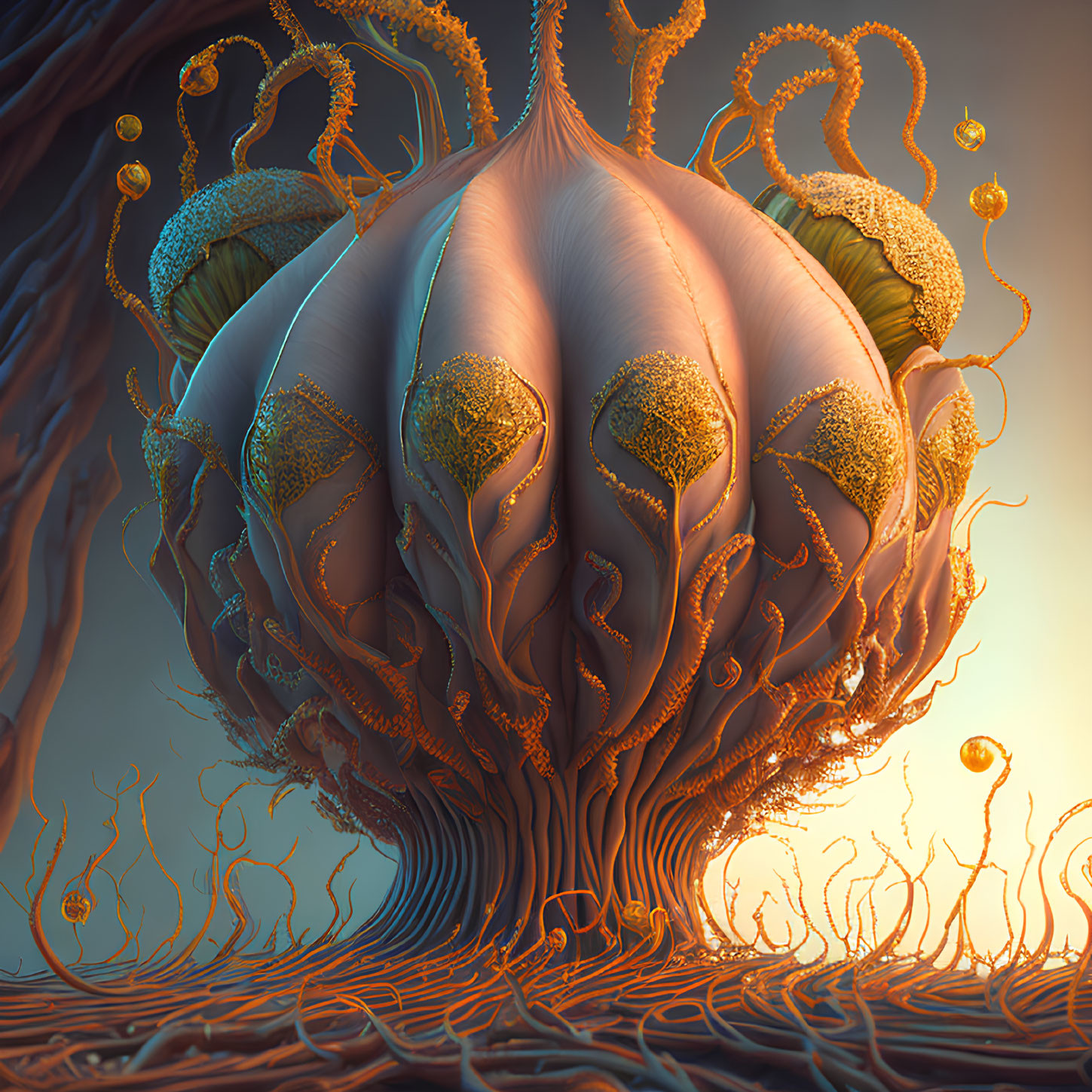 Surrealistic bloom with tentacle-like roots and golden-hued fringes in warm sepia