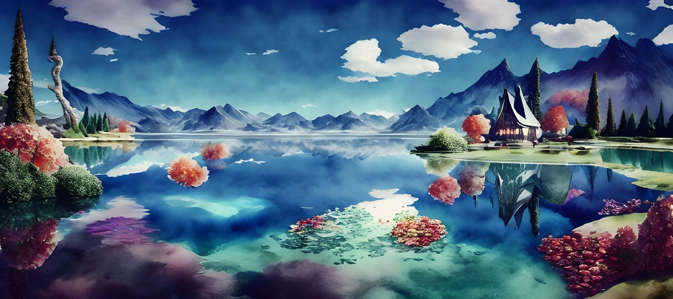 Tranquil landscape with blue waters, mountain peaks, colorful flora, and sailboat-like structure