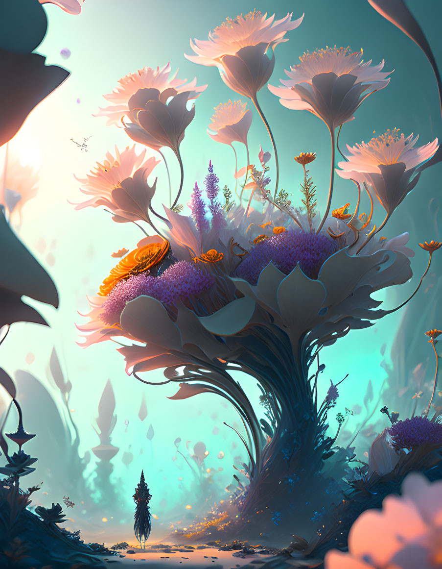 Fantastical landscape with oversized flowers and solitary figure in teal sky