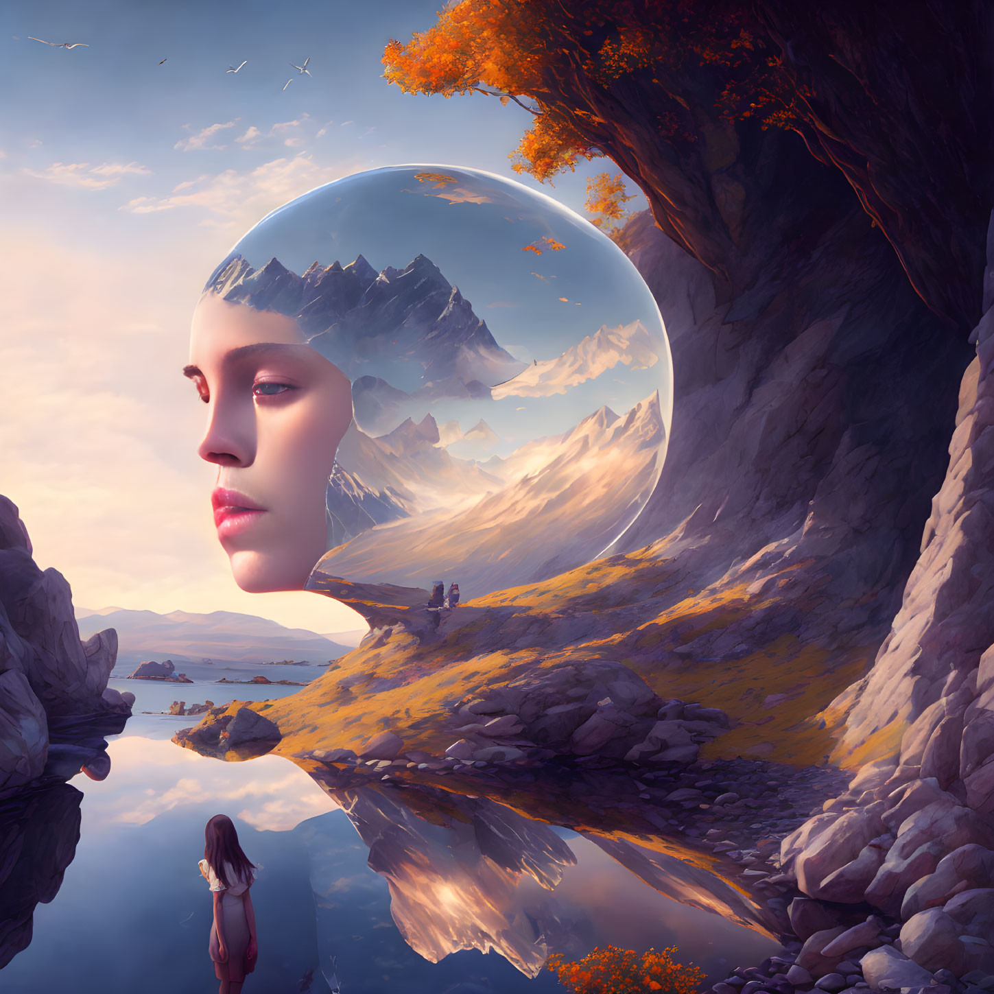 Surreal landscape with giant female face, snowy mountains, autumn trees, reflective lake, and small