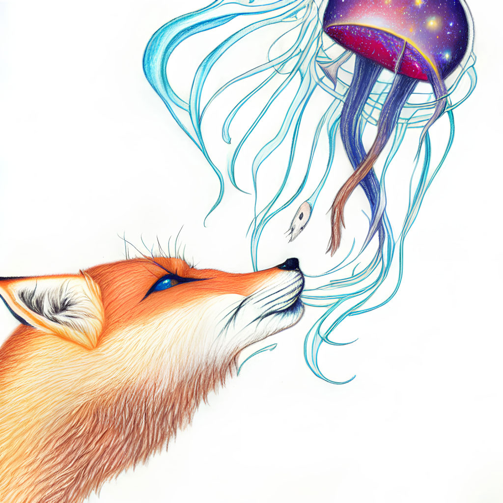 Colorful illustration of a red fox and cosmic jellyfish.