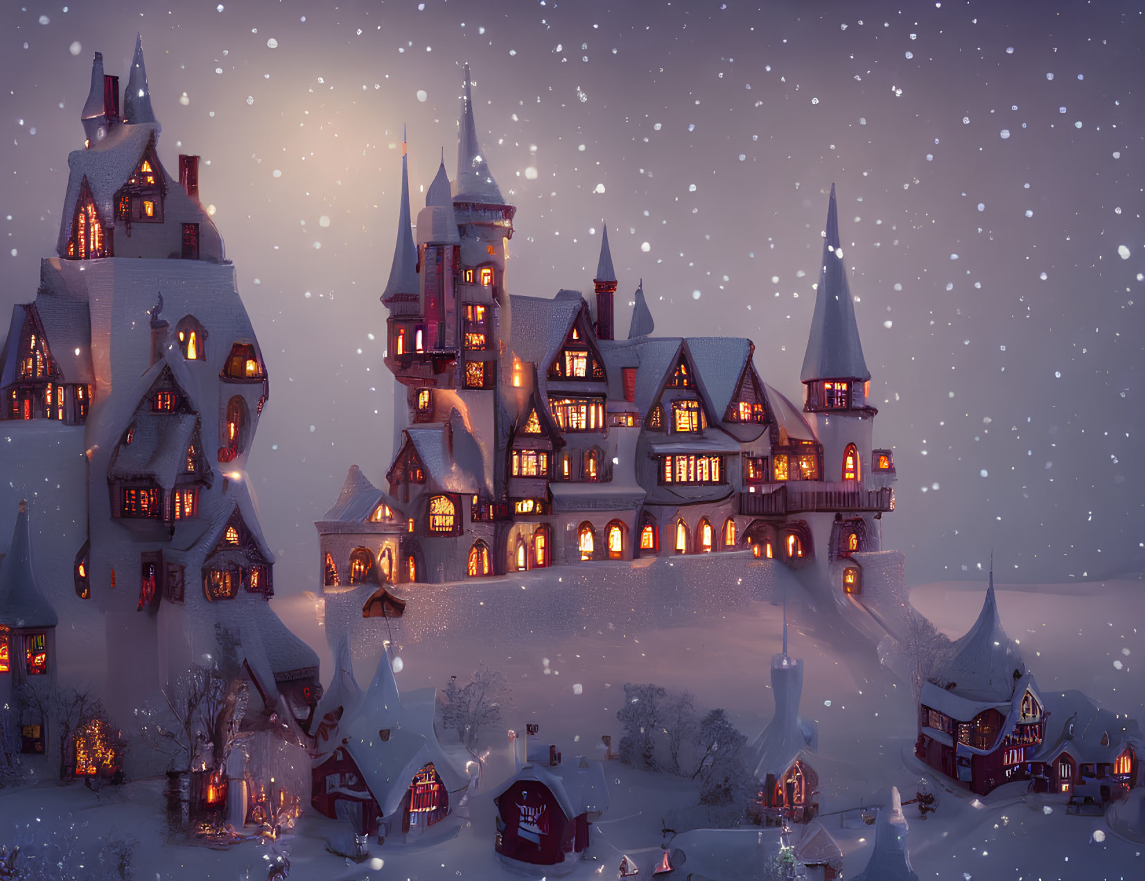 Snowy Dusk Scene: Large Illuminated Castle Among Small Houses